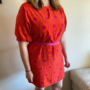 Vintage Inspired Dress Red Orange and Pink Pattern